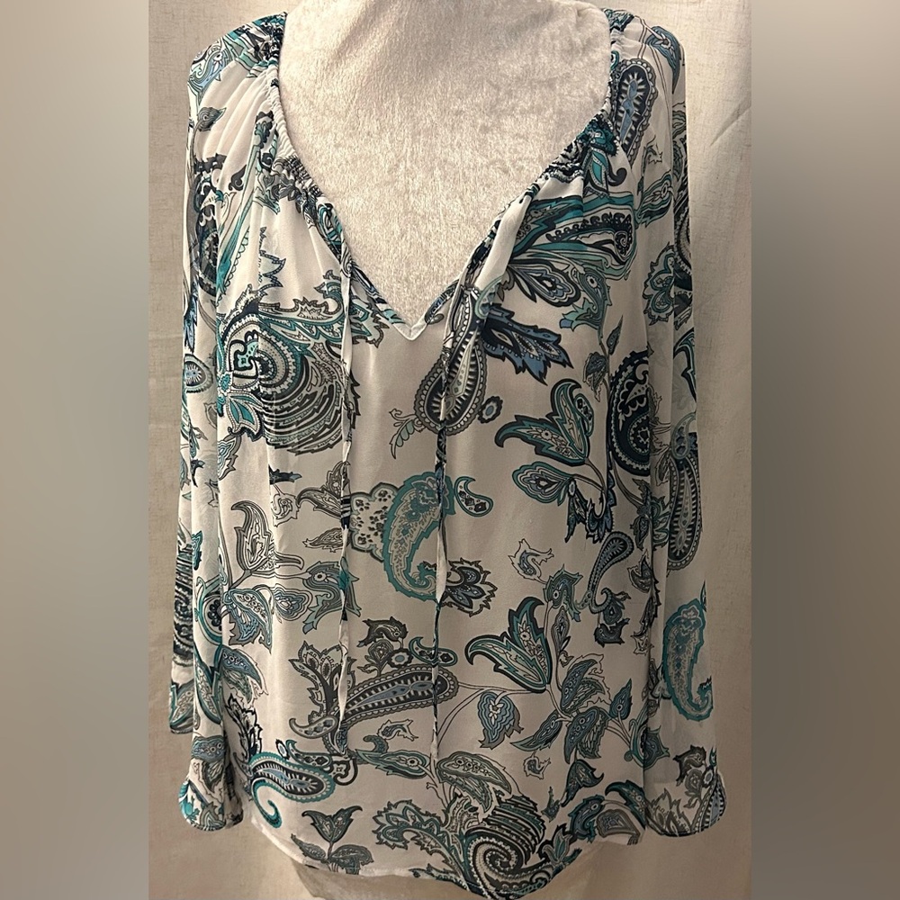 New York & Company Blue Tie Front long Sleeve Blouse